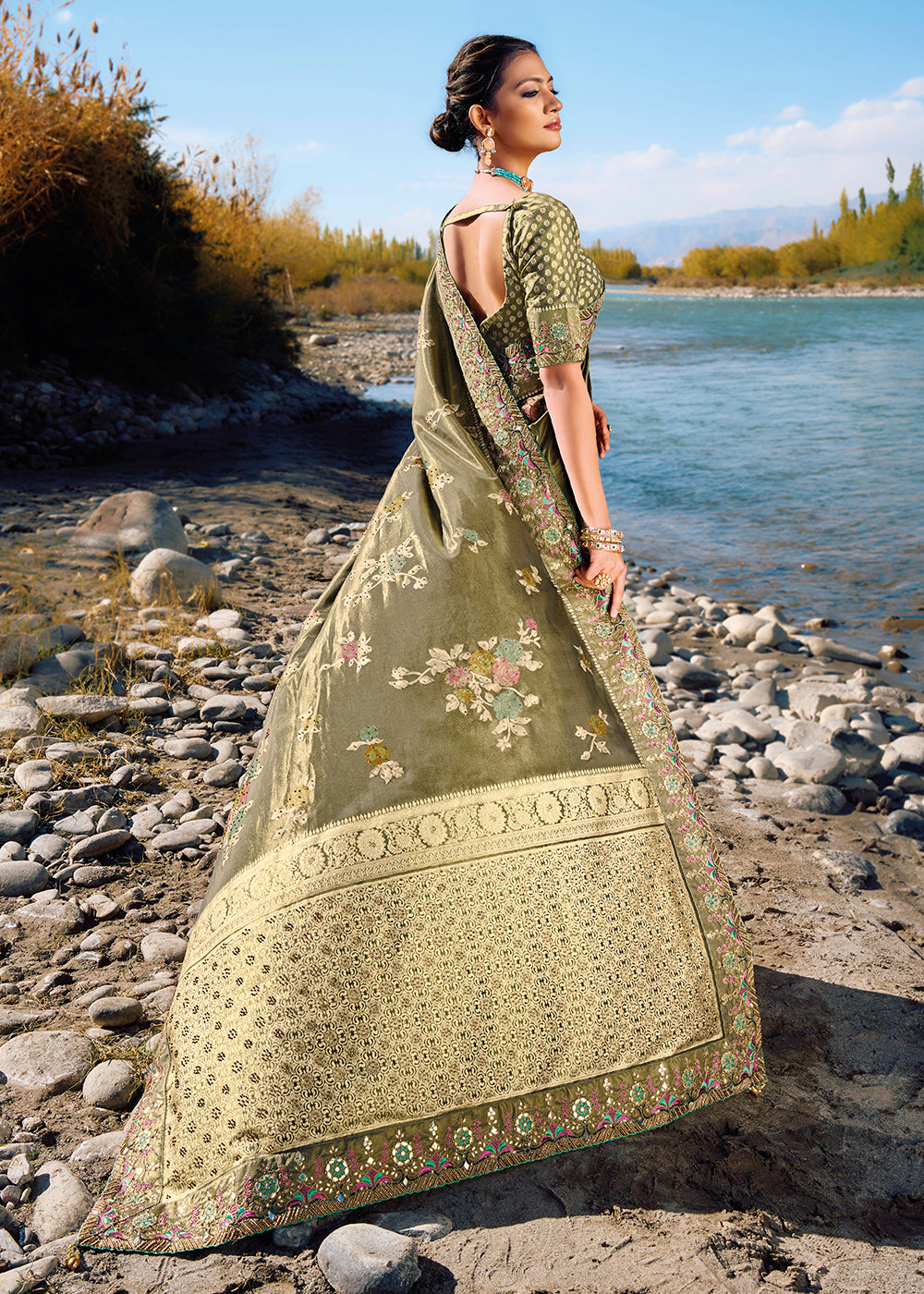 Buy Now Moss Grey Banarasi Pure Zari Fabric Designer Saree Online in USA, UK, Canada & Worldwide at Empress Clothing. 