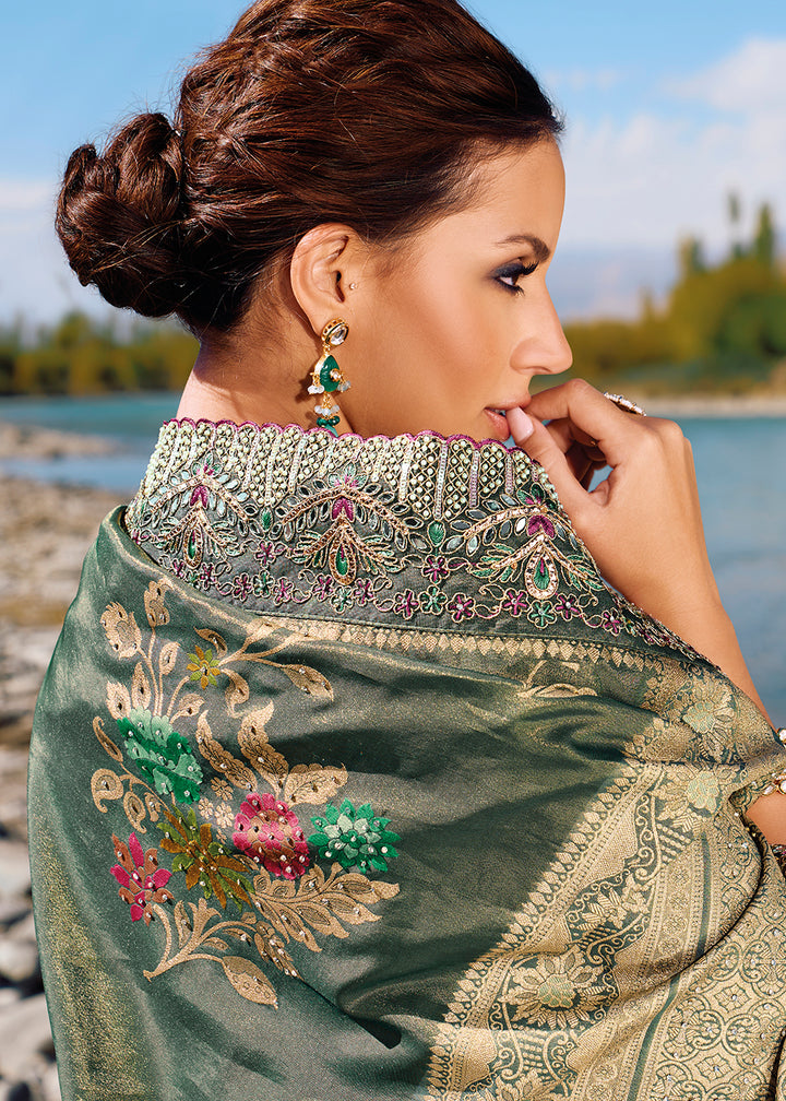 Buy Now Teal Grey Banarasi Pure Zari Fabric Designer Saree Online in USA, UK, Canada & Worldwide at Empress Clothing. 