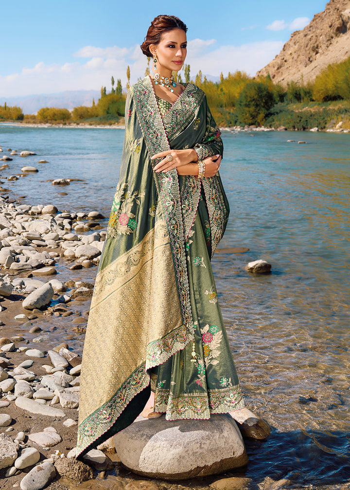 Buy Now Teal Grey Banarasi Pure Zari Fabric Designer Saree Online in USA, UK, Canada & Worldwide at Empress Clothing. 