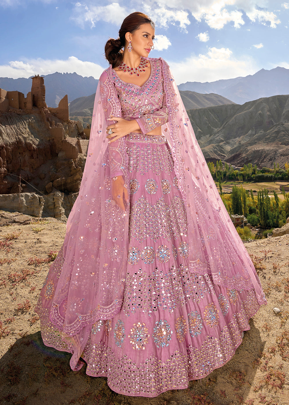 Buy Onion Pink Festive Sequins And Zari Embroidered Lehenga Set In