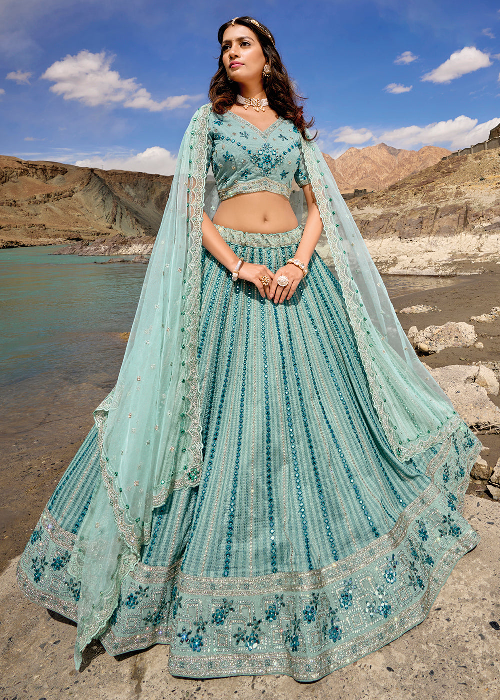 Buy Now Mint Blue Embroidered Pure Georgette Designer Bridal Lehenga Choli Online in USA, UK, Canada & Worldwide at Empress Clothing. 