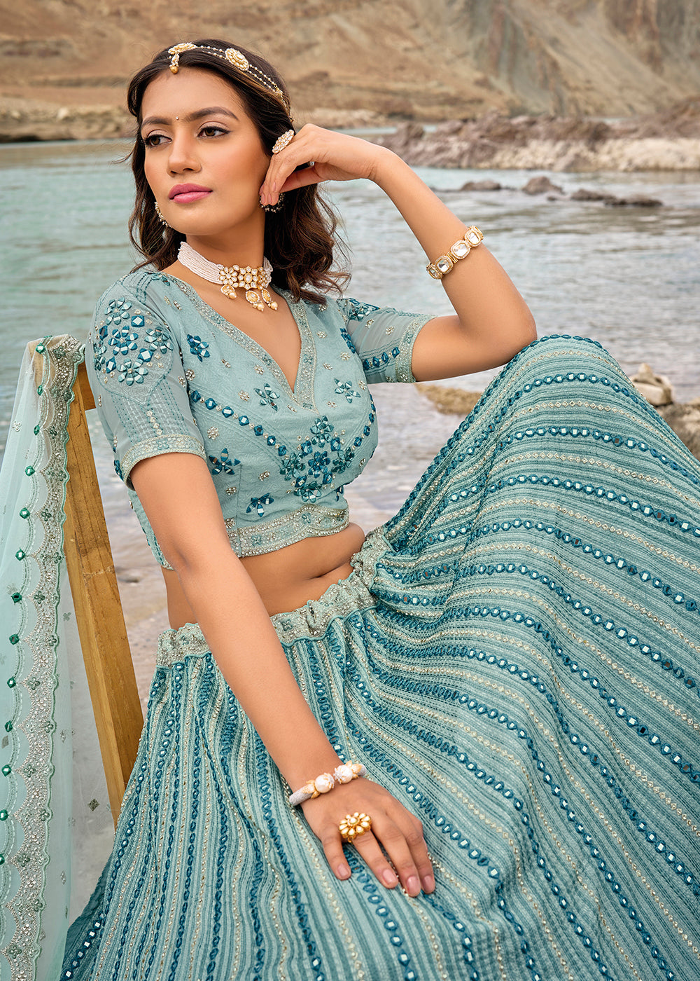 Buy Now Mint Blue Embroidered Pure Georgette Designer Bridal Lehenga Choli Online in USA, UK, Canada & Worldwide at Empress Clothing. 
