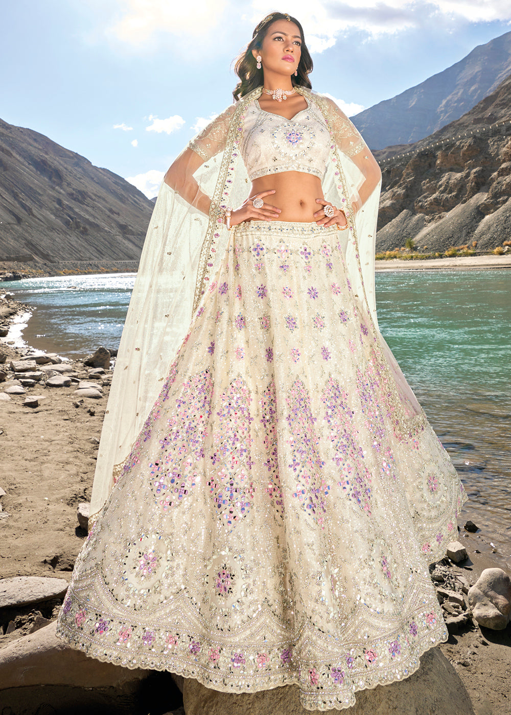 Buy Now Off White Embroidered Pure Net Designer Bridal Lehenga Choli Online in USA, UK, Canada & Worldwide at Empress Clothing. 
