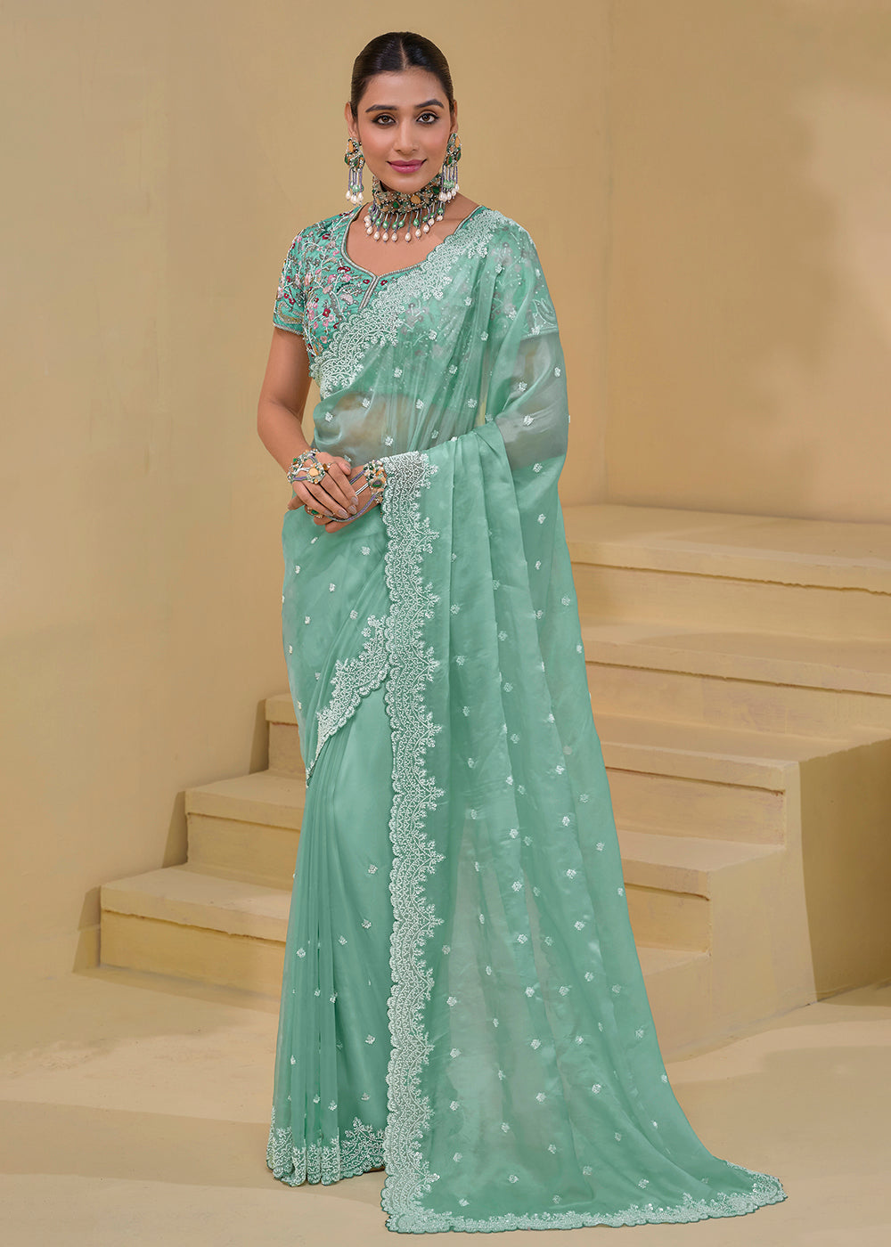 Buy Now Sea Green Banarasi Silk Embroidered Designer Saree Online in USA, UK, France, Germany, Canada & Worldwide at Empress Clothing.