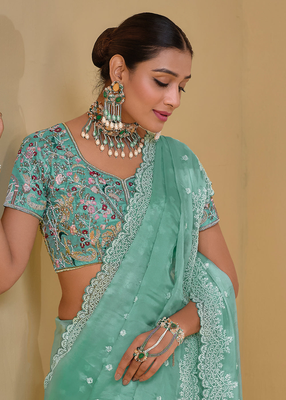 Buy Now Sea Green Banarasi Silk Embroidered Designer Saree Online in USA, UK, France, Germany, Canada & Worldwide at Empress Clothing.