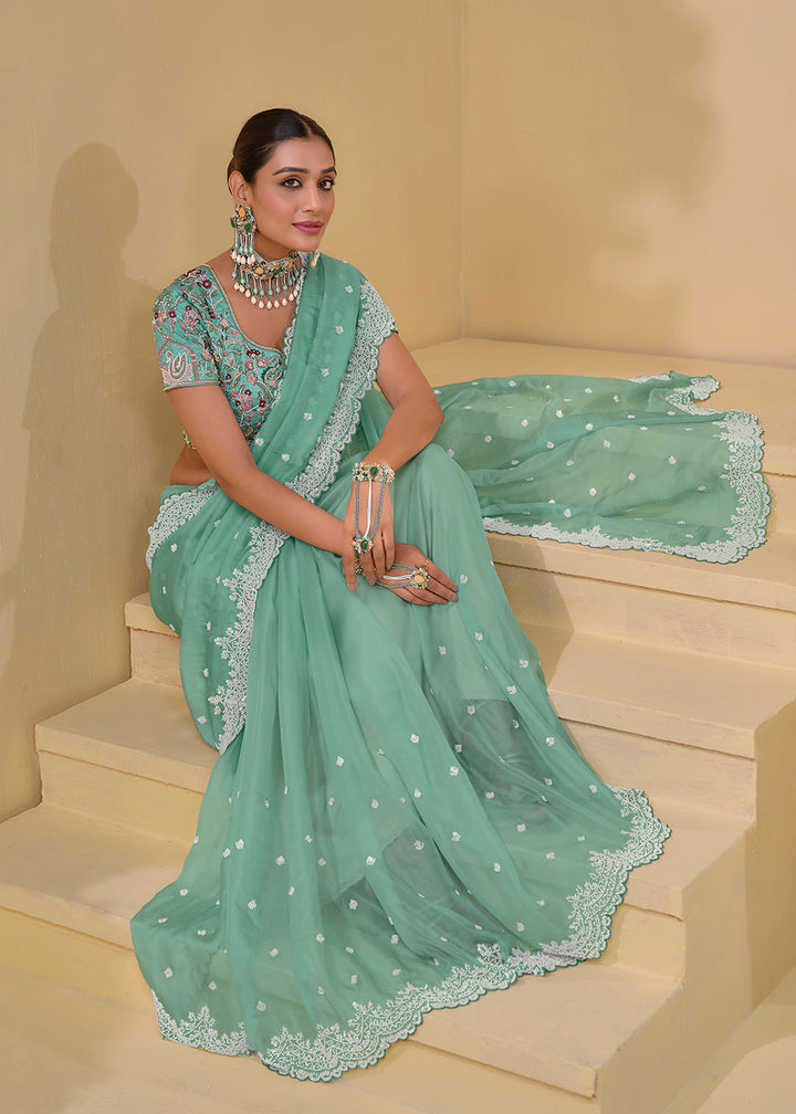 Buy Now Sea Green Banarasi Silk Embroidered Designer Saree Online in USA, UK, France, Germany, Canada & Worldwide at Empress Clothing.