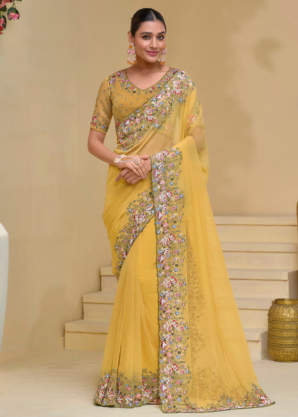 Buy Now Mustard Banarasi Silk Embroidered Designer Saree Online in USA, UK, France, Germany, Canada & Worldwide at Empress Clothing