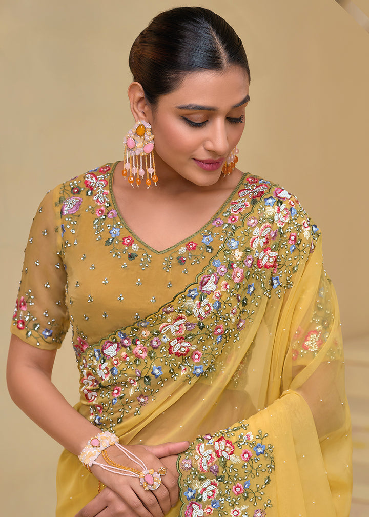 Buy Now Mustard Banarasi Silk Embroidered Designer Saree Online in USA, UK, France, Germany, Canada & Worldwide at Empress Clothing