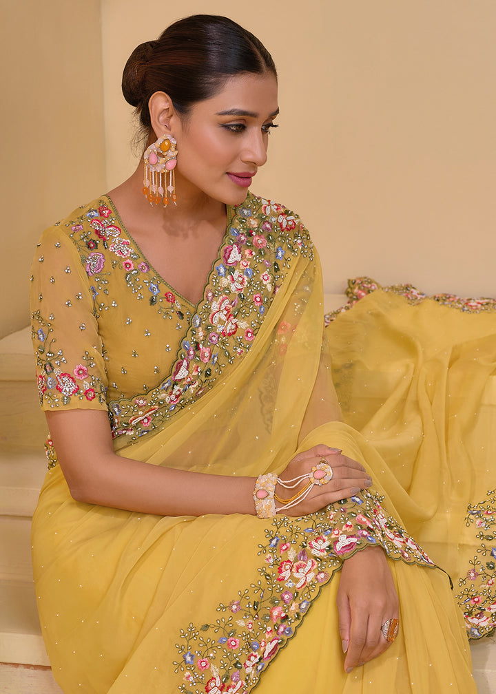 Buy Now Mustard Banarasi Silk Embroidered Designer Saree Online in USA, UK, France, Germany, Canada & Worldwide at Empress Clothing