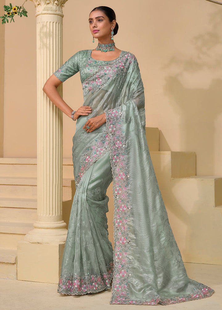 Buy Now Pista Grey  Banarasi Silk Embroidered Designer Saree Online in USA, UK, France, Germany, Canada & Worldwide at Empress Clothing.