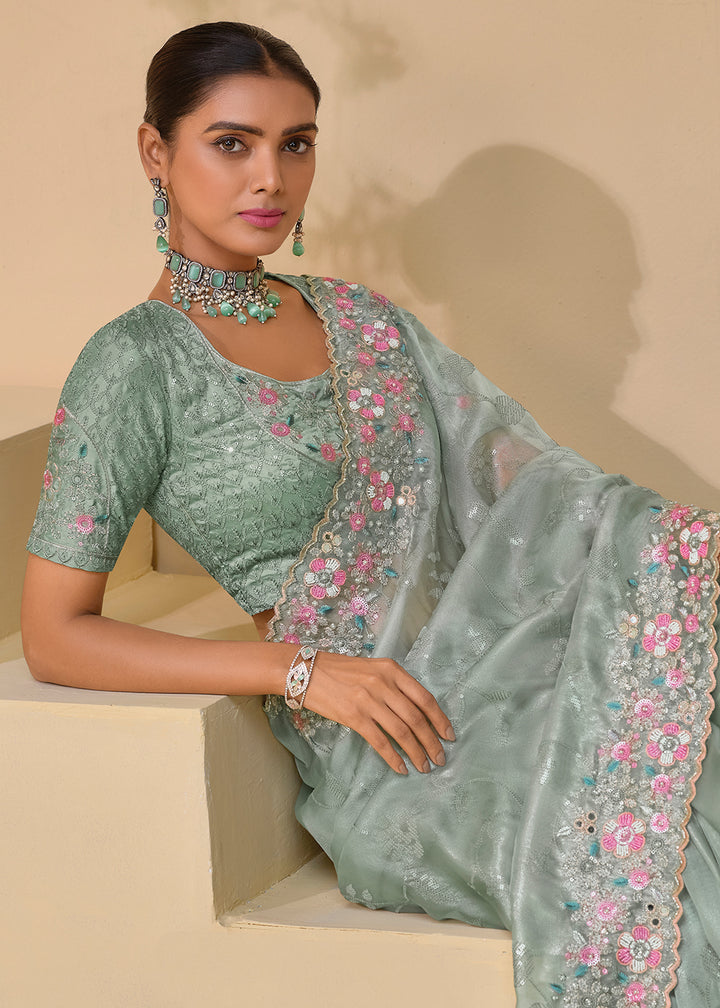 Buy Now Pista Grey  Banarasi Silk Embroidered Designer Saree Online in USA, UK, France, Germany, Canada & Worldwide at Empress Clothing.