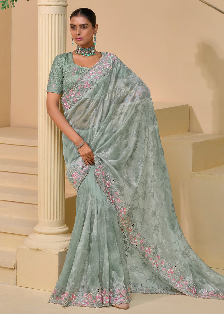 Buy Now Pista Grey  Banarasi Silk Embroidered Designer Saree Online in USA, UK, France, Germany, Canada & Worldwide at Empress Clothing.