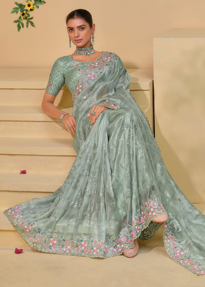 Buy Now Pista Grey  Banarasi Silk Embroidered Designer Saree Online in USA, UK, France, Germany, Canada & Worldwide at Empress Clothing.