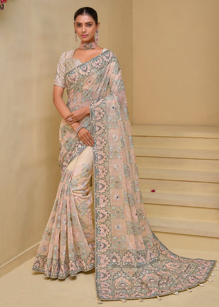 Buy Now Cream Banarasi Silk Embroidered Designer Saree Online in USA, UK, France, Germany, Canada & Worldwide at Empress Clothing.