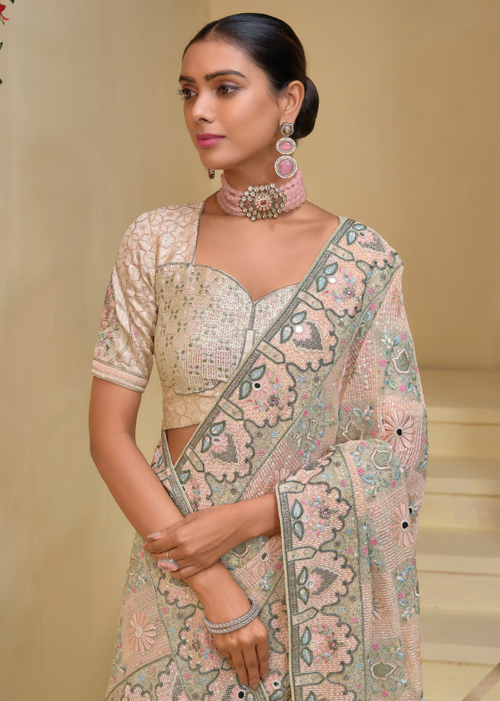 Buy Now Cream Banarasi Silk Embroidered Designer Saree Online in USA, UK, France, Germany, Canada & Worldwide at Empress Clothing.