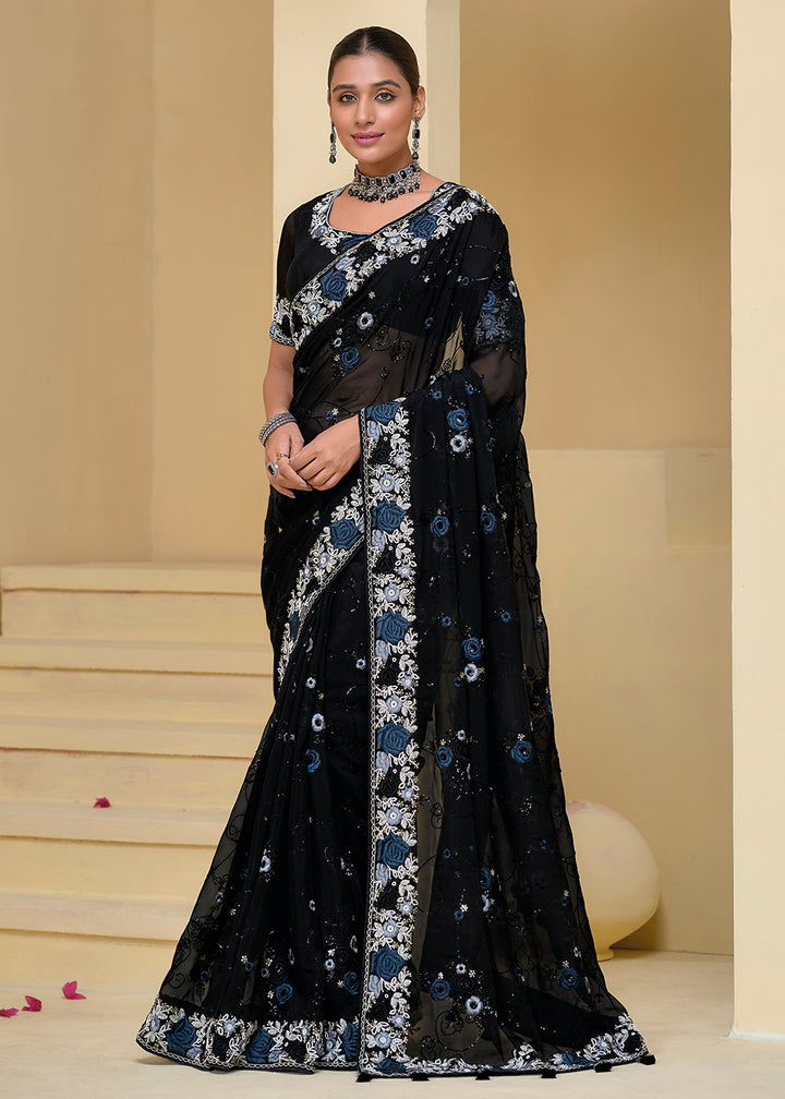 Buy Now Black Banarasi Silk Embroidered Designer Saree Online in USA, UK, France, Germany, Canada & Worldwide at Empress Clothing. 