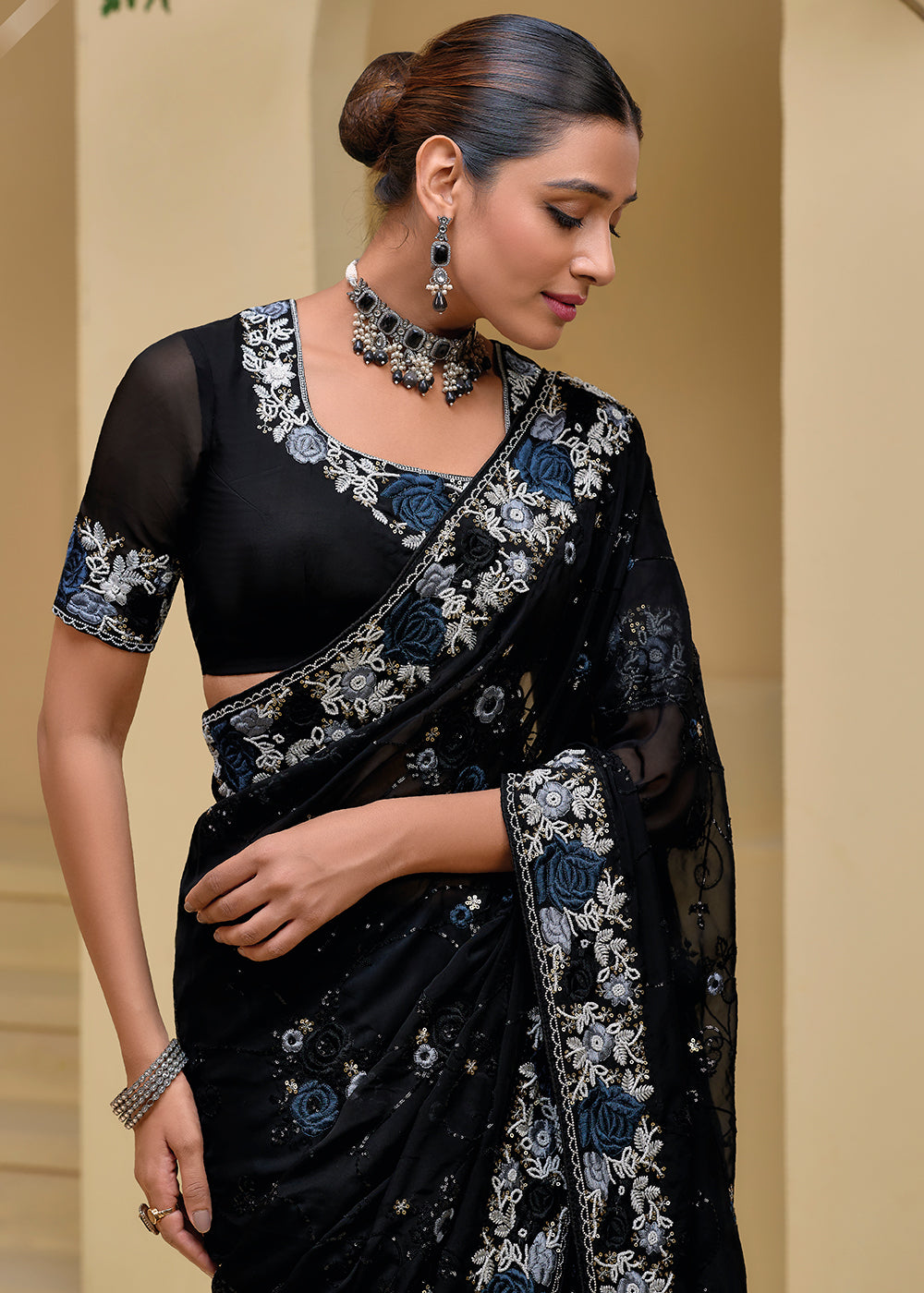 Buy Now Black Banarasi Silk Embroidered Designer Saree Online in USA, UK, France, Germany, Canada & Worldwide at Empress Clothing. 