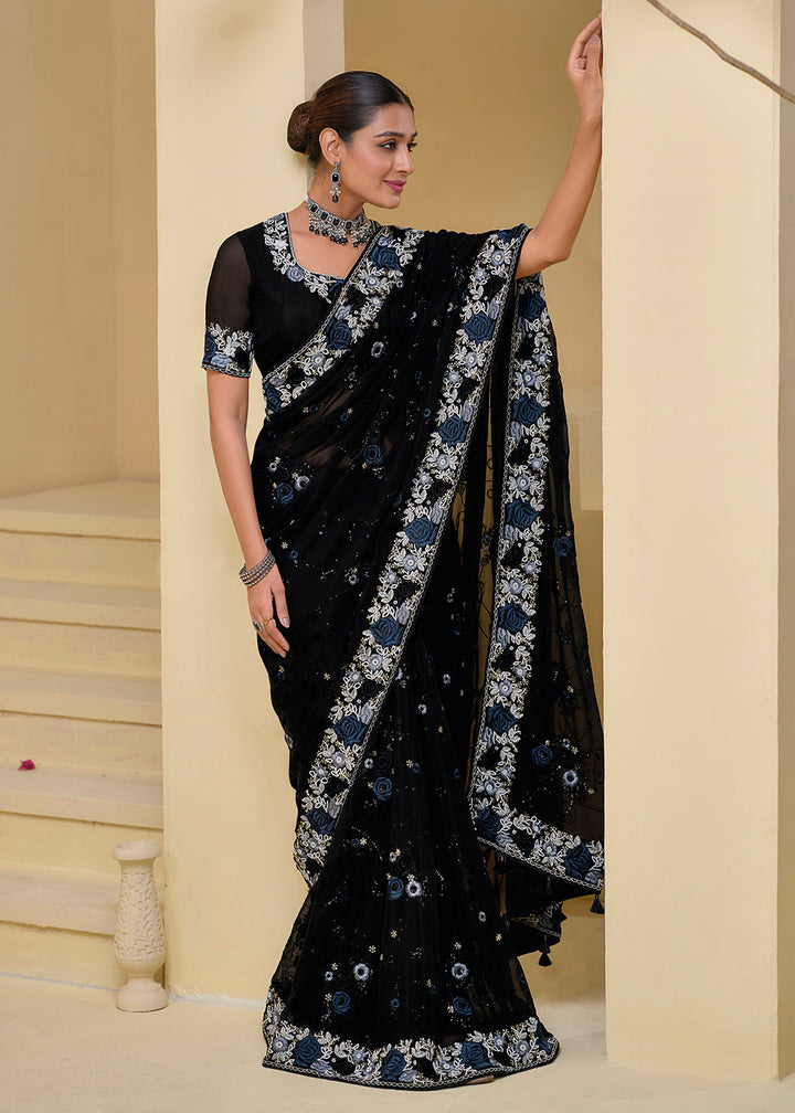 Buy Now Black Banarasi Silk Embroidered Designer Saree Online in USA, UK, France, Germany, Canada & Worldwide at Empress Clothing. 