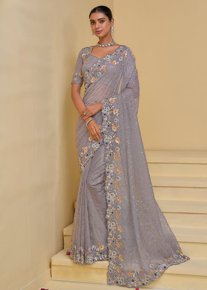 Buy Now Grey Banarasi Silk Embroidered Designer Saree Online in USA, UK, France, Germany, Canada & Worldwide at Empress Clothing. 