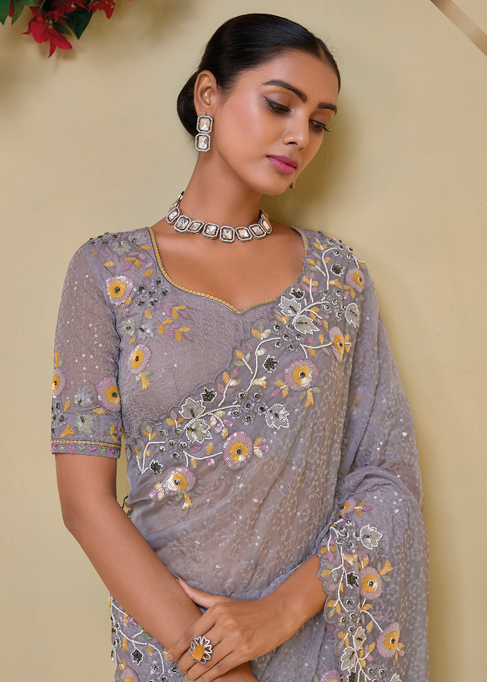 Buy Now Grey Banarasi Silk Embroidered Designer Saree Online in USA, UK, France, Germany, Canada & Worldwide at Empress Clothing. 