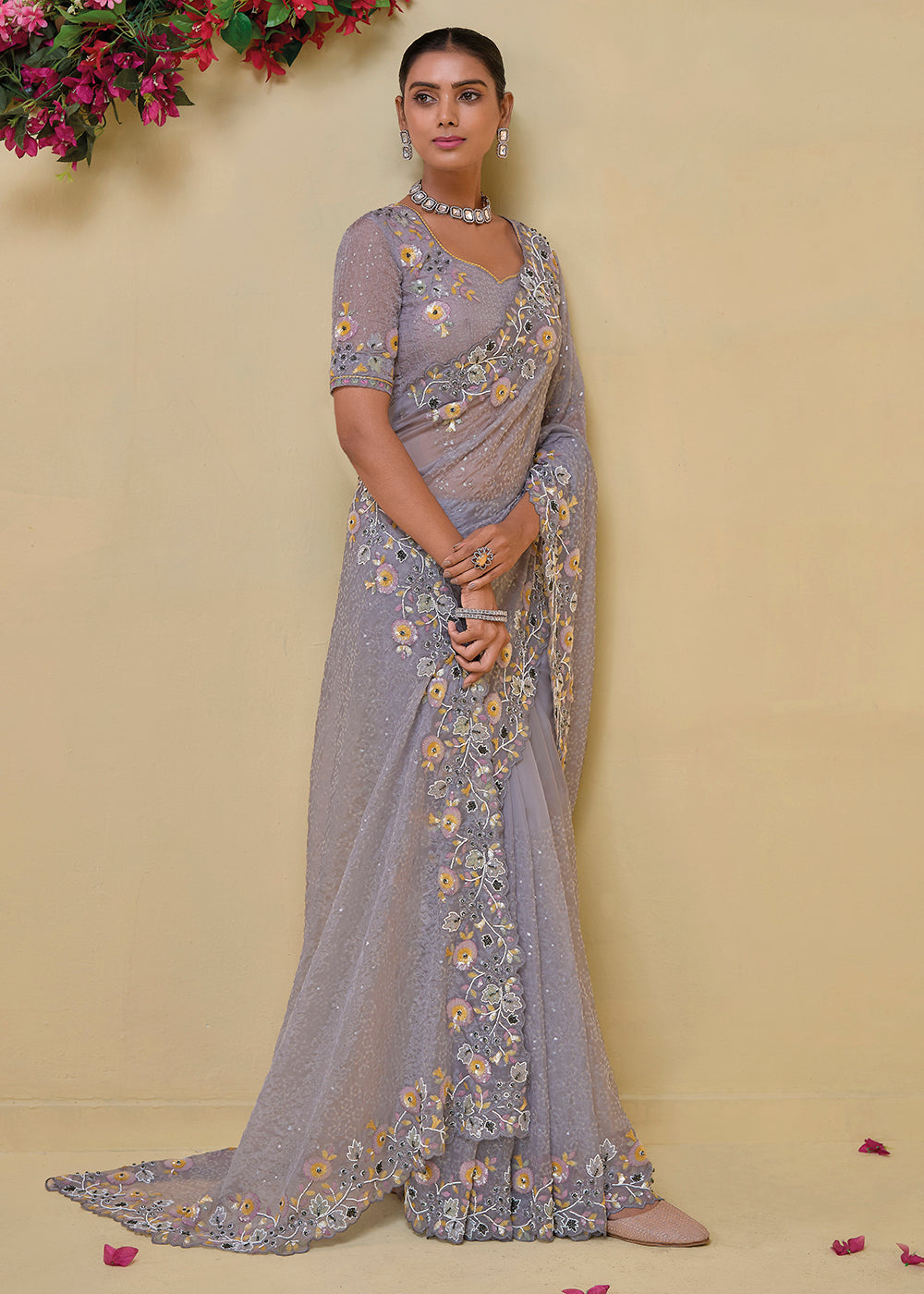 Buy Now Grey Banarasi Silk Embroidered Designer Saree Online in USA, UK, France, Germany, Canada & Worldwide at Empress Clothing. 