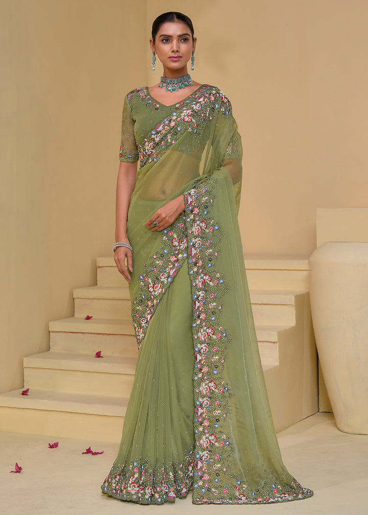 Buy Now Pista Green  Banarasi Silk Embroidered Designer Saree Online in USA, UK, France, Germany, Canada & Worldwide at Empress Clothing. 