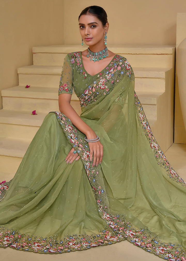 Buy Now Pista Green  Banarasi Silk Embroidered Designer Saree Online in USA, UK, France, Germany, Canada & Worldwide at Empress Clothing. 