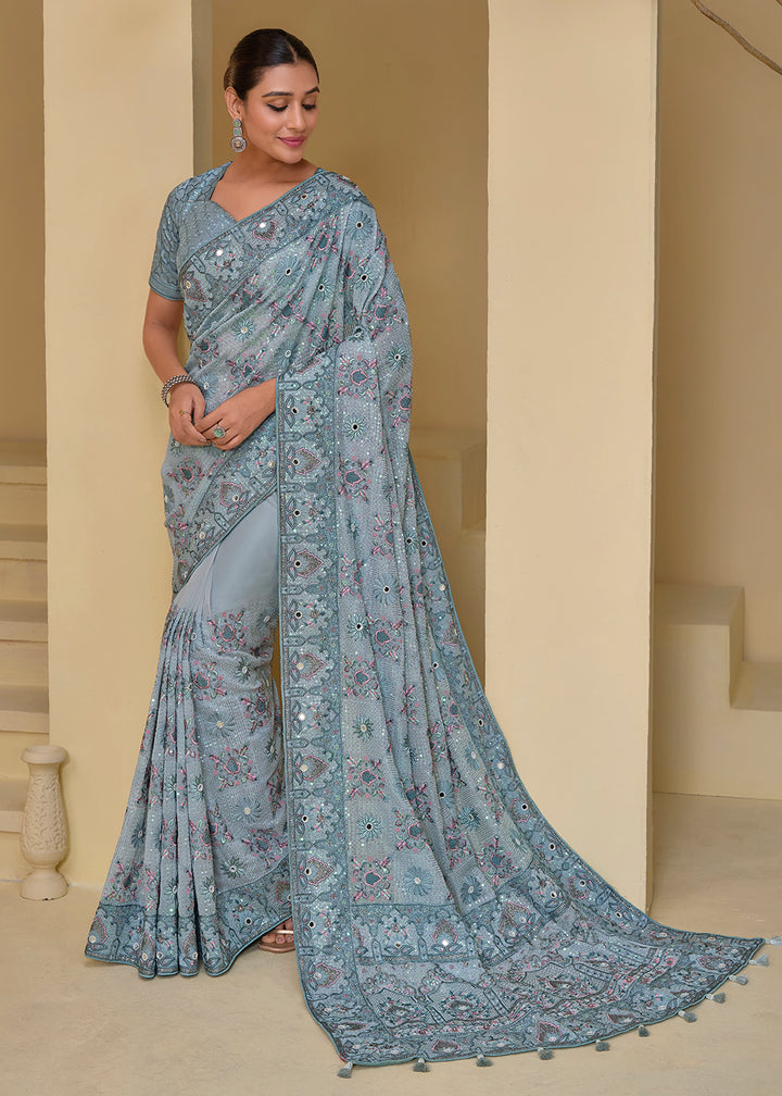 Buy Now Livid Grey Banarasi Silk Embroidered Designer Saree Online in USA, UK, France, Germany, Canada & Worldwide at Empress Clothing.