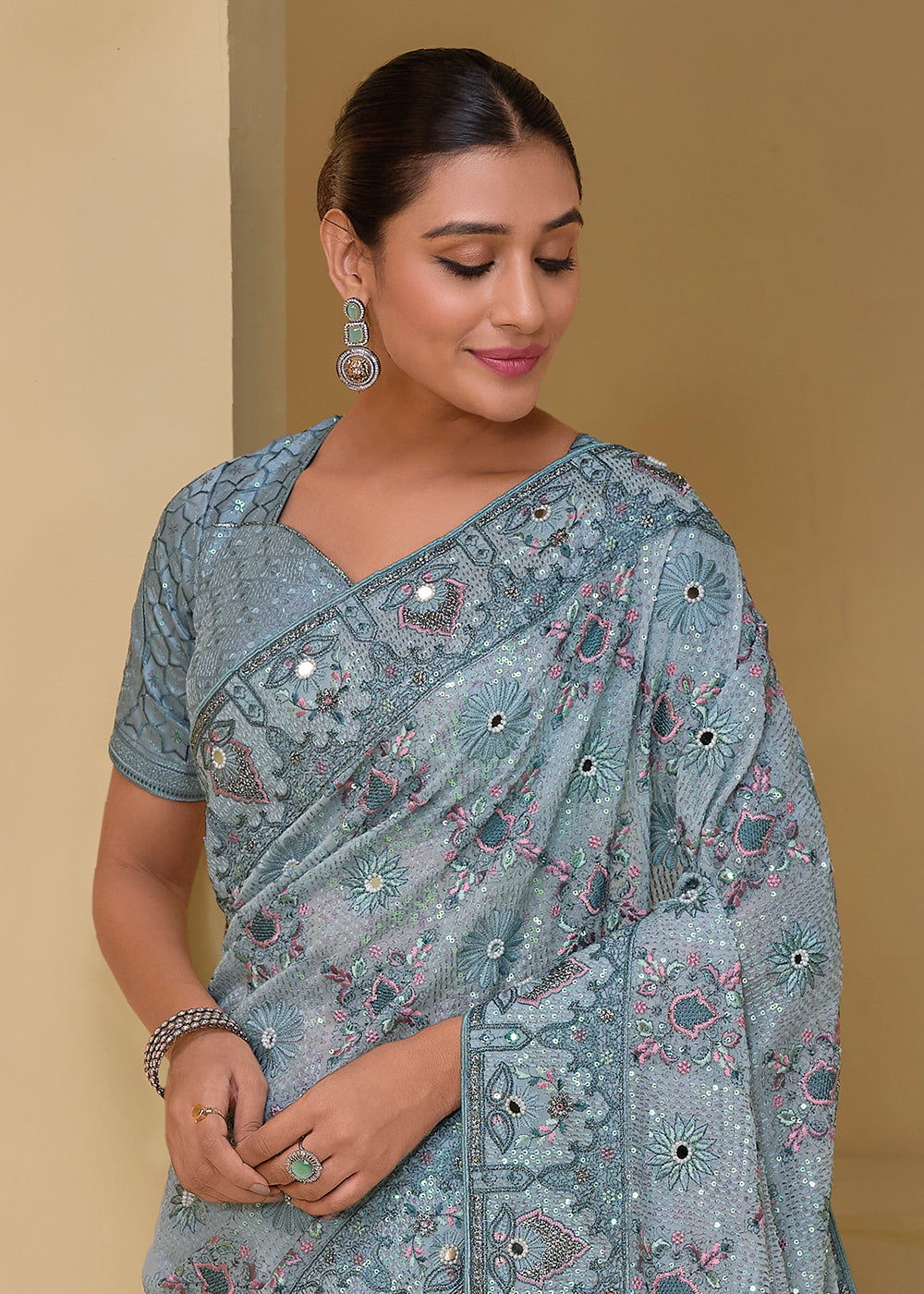 Buy Now Livid Grey Banarasi Silk Embroidered Designer Saree Online in USA, UK, France, Germany, Canada & Worldwide at Empress Clothing.