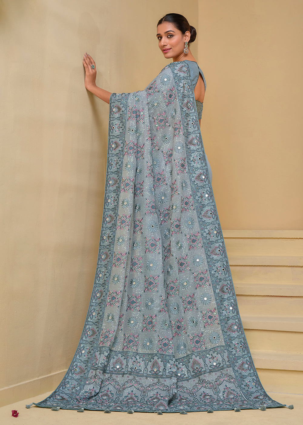 Buy Now Livid Grey Banarasi Silk Embroidered Designer Saree Online in USA, UK, France, Germany, Canada & Worldwide at Empress Clothing.