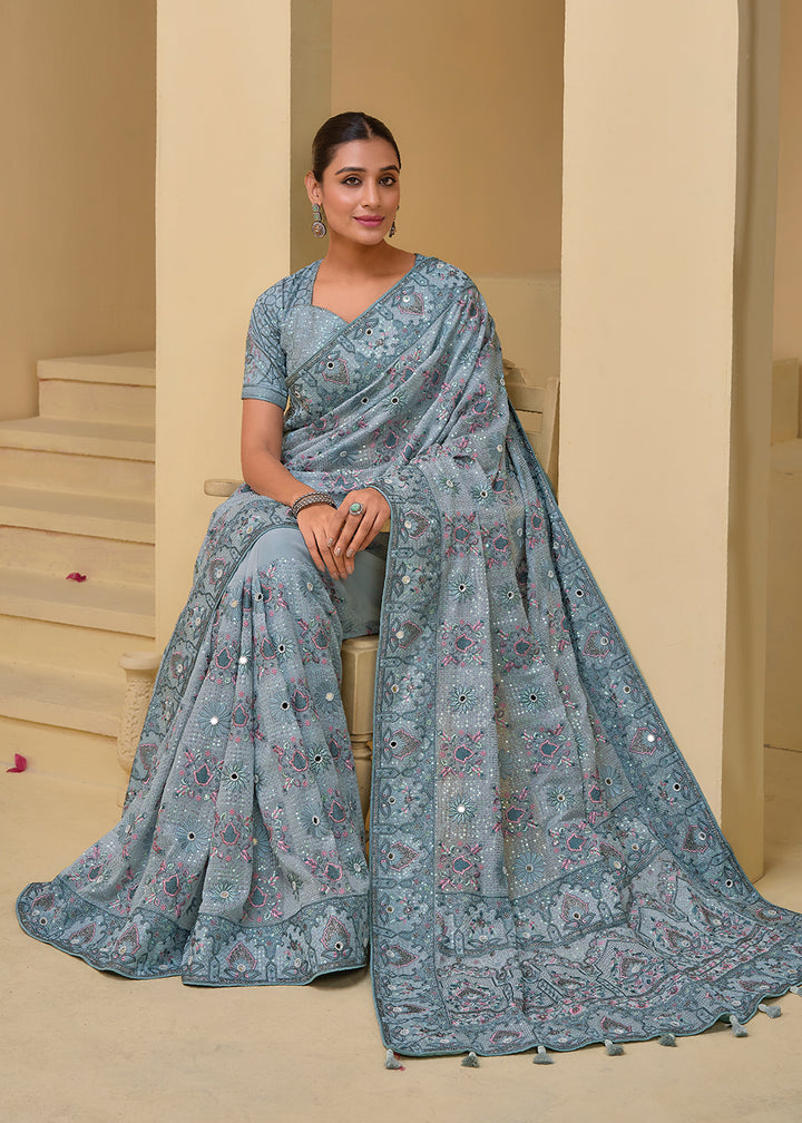 Buy Now Livid Grey Banarasi Silk Embroidered Designer Saree Online in USA, UK, France, Germany, Canada & Worldwide at Empress Clothing.