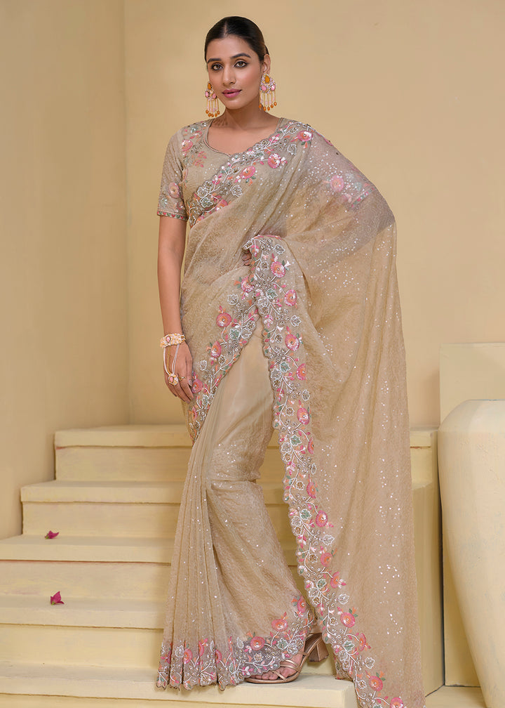 Buy Now Beigy Cream Banarasi Silk Embroidered Designer Saree Online in USA, UK, France, Germany, Canada & Worldwide at Empress Clothing. 