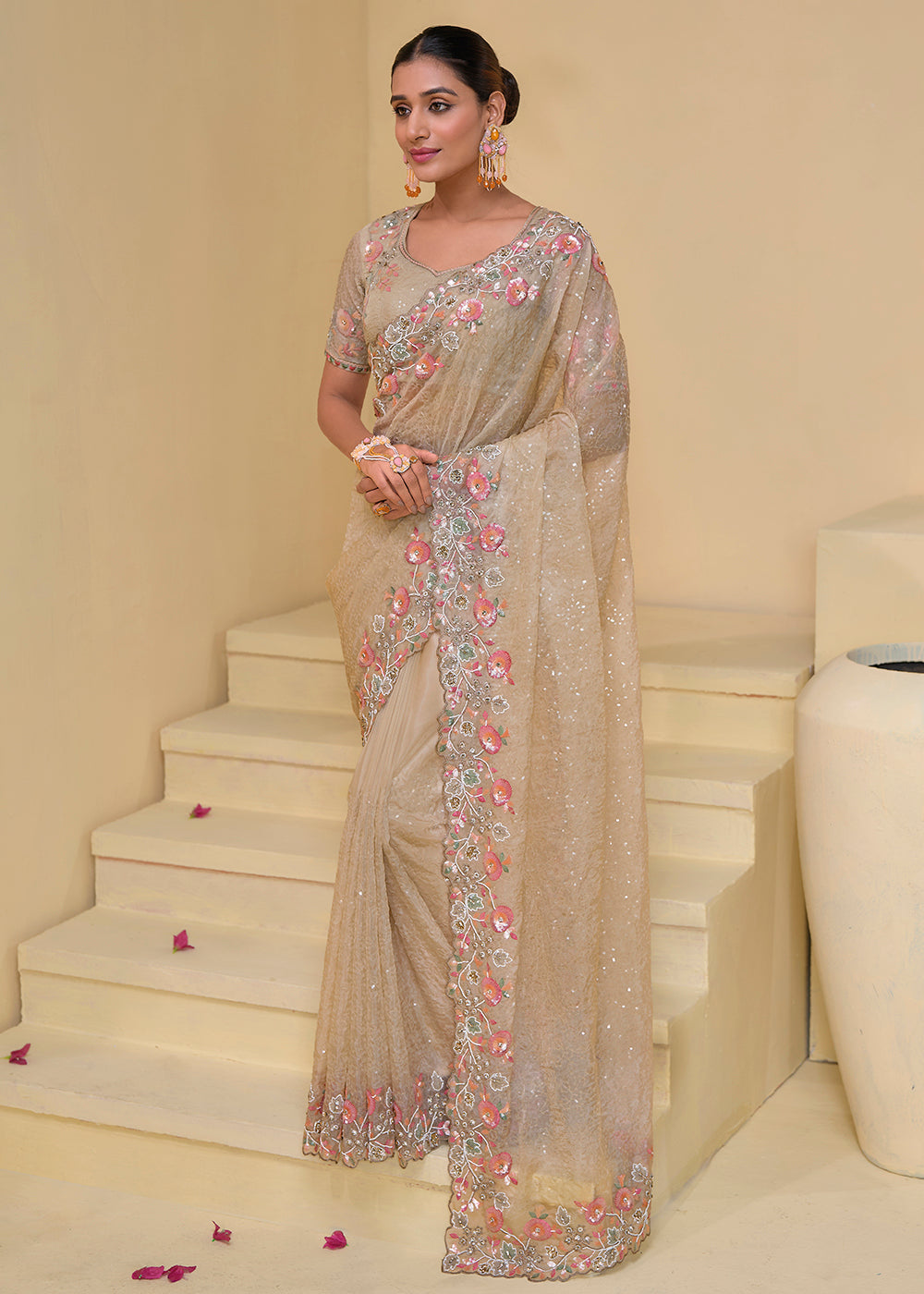 Buy Now Beigy Cream Banarasi Silk Embroidered Designer Saree Online in USA, UK, France, Germany, Canada & Worldwide at Empress Clothing. 