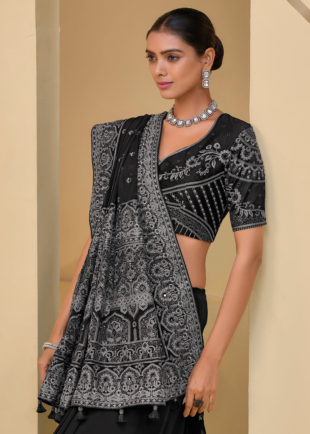 Buy Now Black Grey Banarasi Silk Embroidered Designer Saree Online in USA, UK, France, Germany, Canada & Worldwide at Empress Clothing.