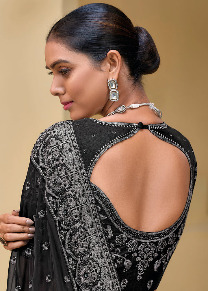 Buy Now Black Grey Banarasi Silk Embroidered Designer Saree Online in USA, UK, France, Germany, Canada & Worldwide at Empress Clothing.