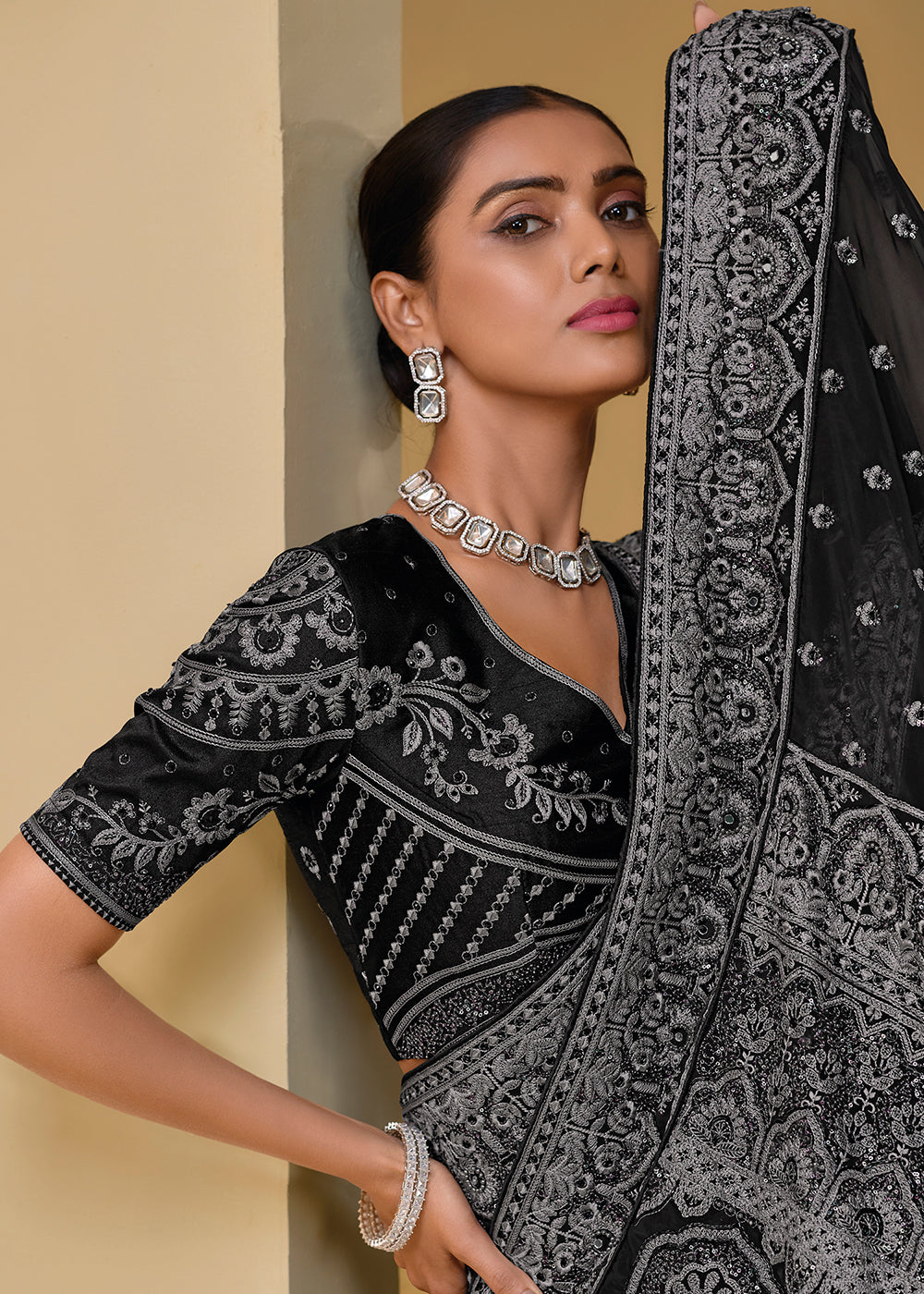 Buy Now Black Grey Banarasi Silk Embroidered Designer Saree Online in USA, UK, France, Germany, Canada & Worldwide at Empress Clothing.