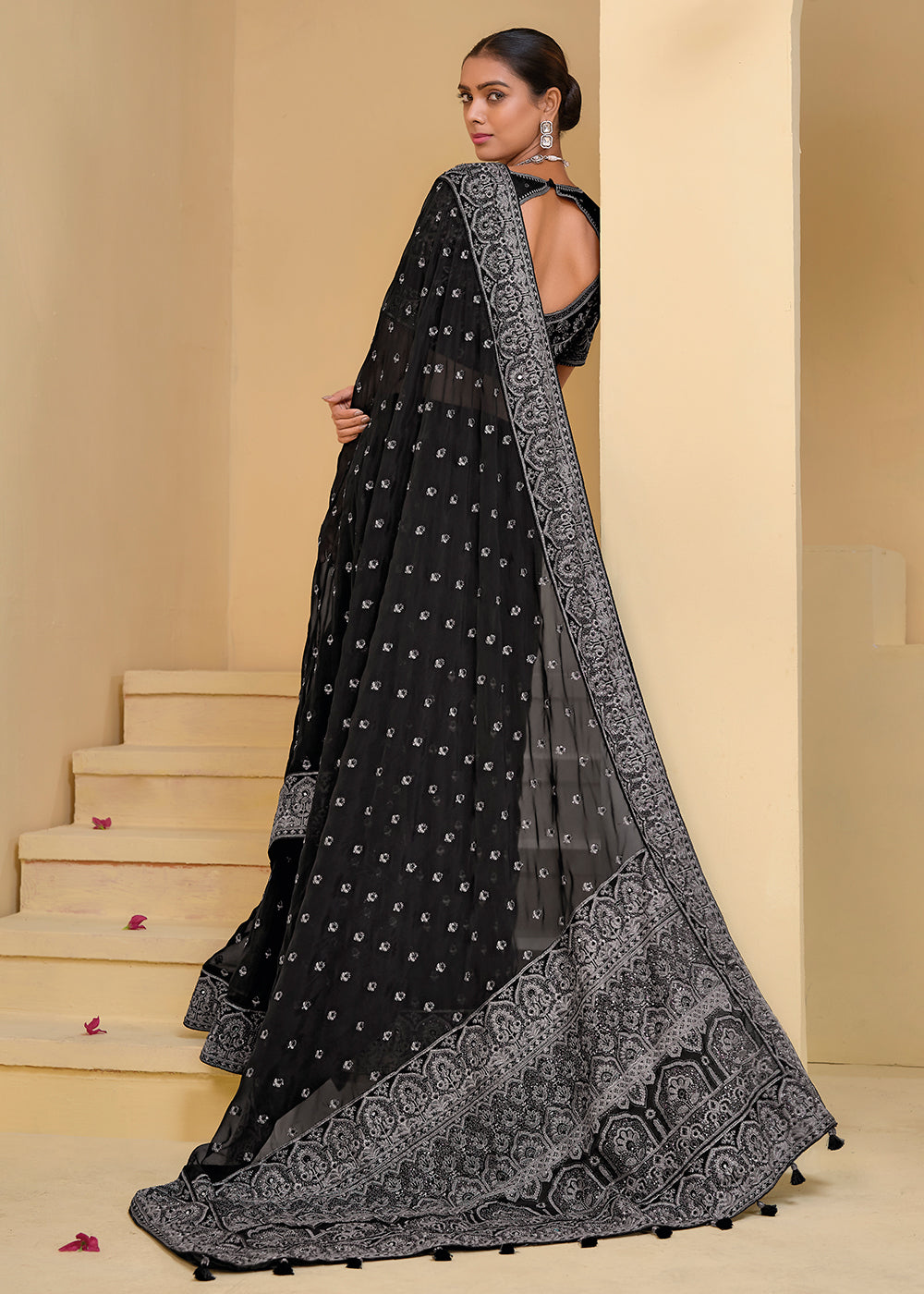 Buy Now Black Grey Banarasi Silk Embroidered Designer Saree Online in USA, UK, France, Germany, Canada & Worldwide at Empress Clothing.