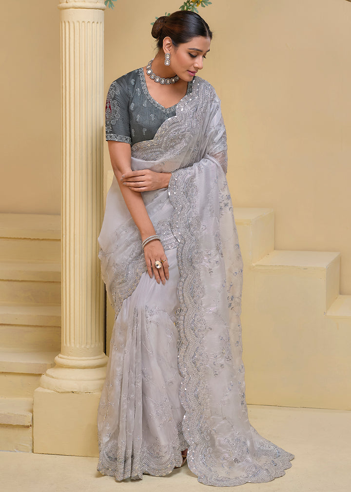 Buy Now Pearl Grey Banarasi Silk Embroidered Designer Saree Online in USA, UK, France, Germany, Canada & Worldwide at Empress Clothing.