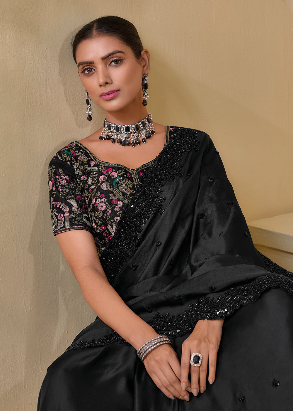 Buy Now Pure Black Banarasi Silk Embroidered Designer Saree Online in USA, UK, France, Germany, Canada & Worldwide at Empress Clothing.