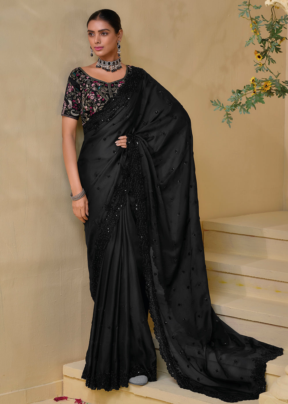 Buy Now Pure Black Banarasi Silk Embroidered Designer Saree Online in USA, UK, France, Germany, Canada & Worldwide at Empress Clothing.