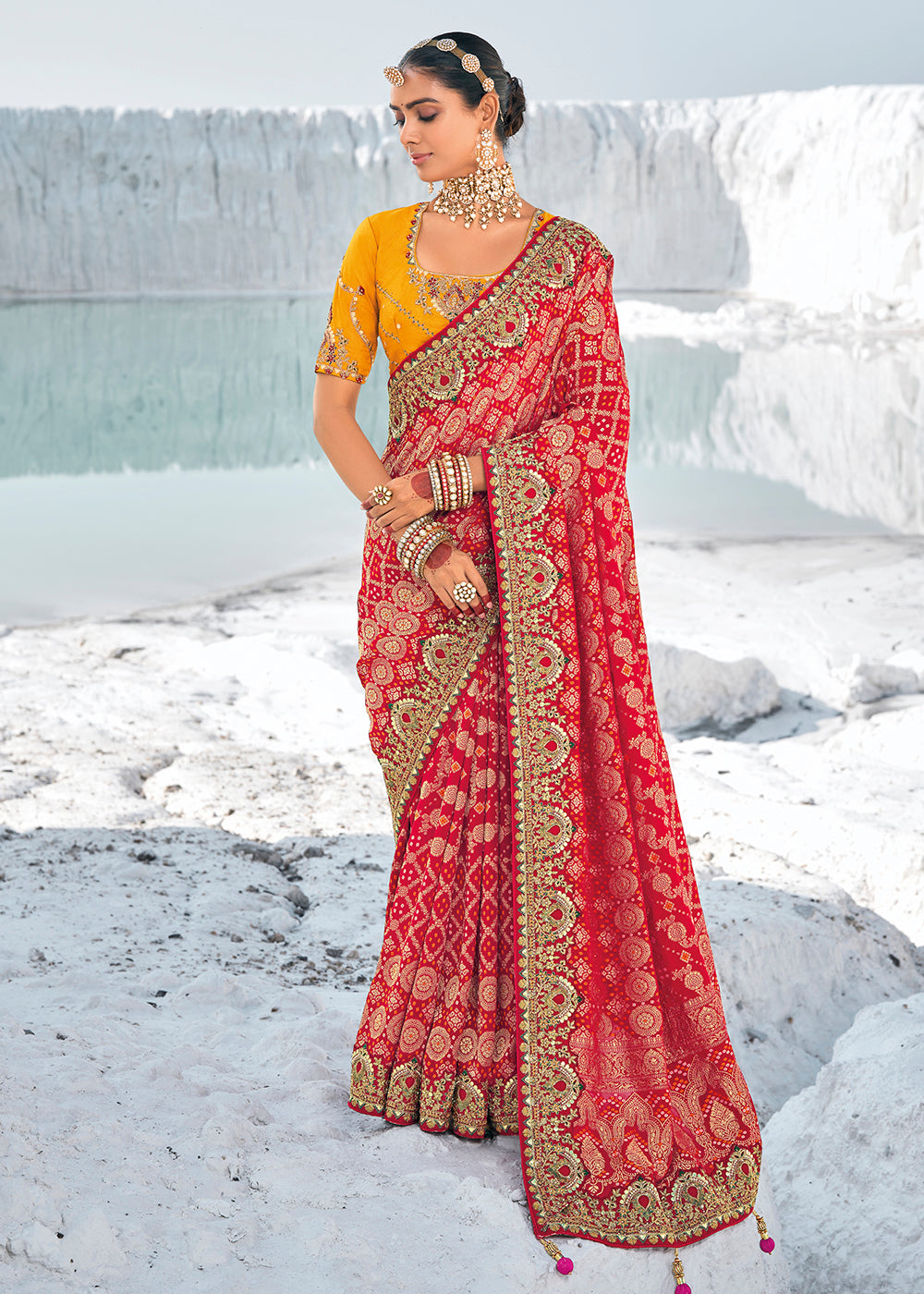 Buy Now Beautiful Red Georgette Wedding Bandhani Patola Saree Online in Canada, UK, France, Germany, UAE, USA & Worldwide at Empress Clothing