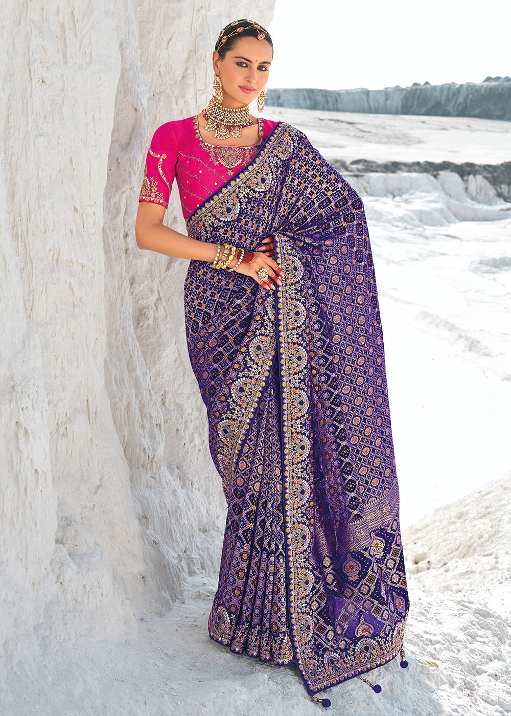 Buy Now Incredible Purple Georgette Wedding Bandhani Patola Saree Online in Canada, UK, France, Germany, UAE, USA & Worldwide at Empress Clothing.