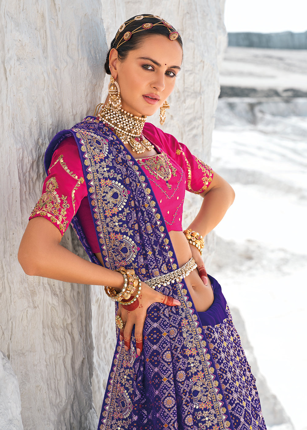 Buy Now Incredible Purple Georgette Wedding Bandhani Patola Saree Online in Canada, UK, France, Germany, UAE, USA & Worldwide at Empress Clothing.