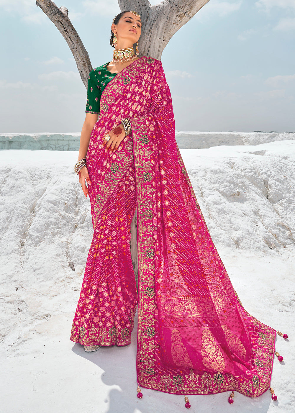 Buy Now Wonderful Rani Georgette Wedding Bandhani Patola Saree Online in Canada, UK, France, Germany, UAE, USA & Worldwide at Empress Clothing.