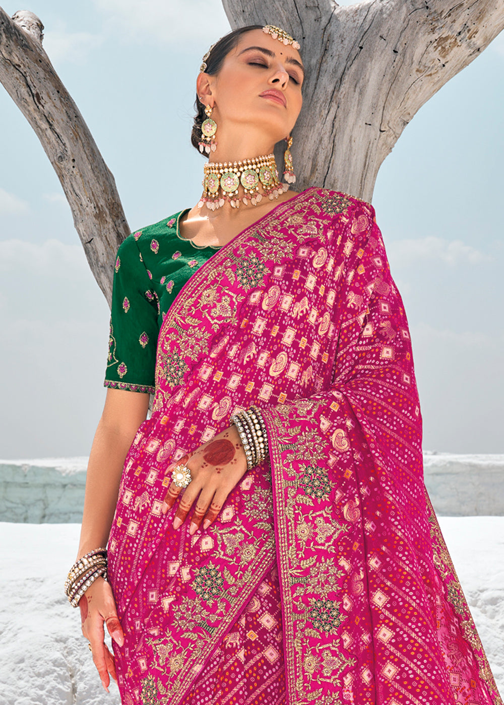 Buy Now Wonderful Rani Georgette Wedding Bandhani Patola Saree Online in Canada, UK, France, Germany, UAE, USA & Worldwide at Empress Clothing.