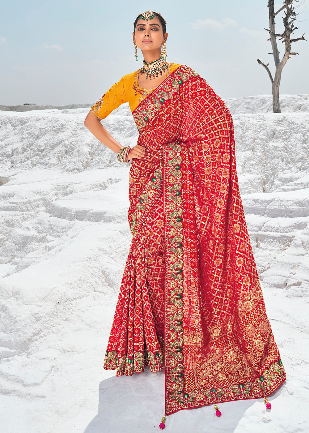 Buy Now Gorgeous Red Georgette Wedding Bandhani Patola Saree Online in Canada, UK, France, Germany, UAE, USA & Worldwide at Empress Clothing.