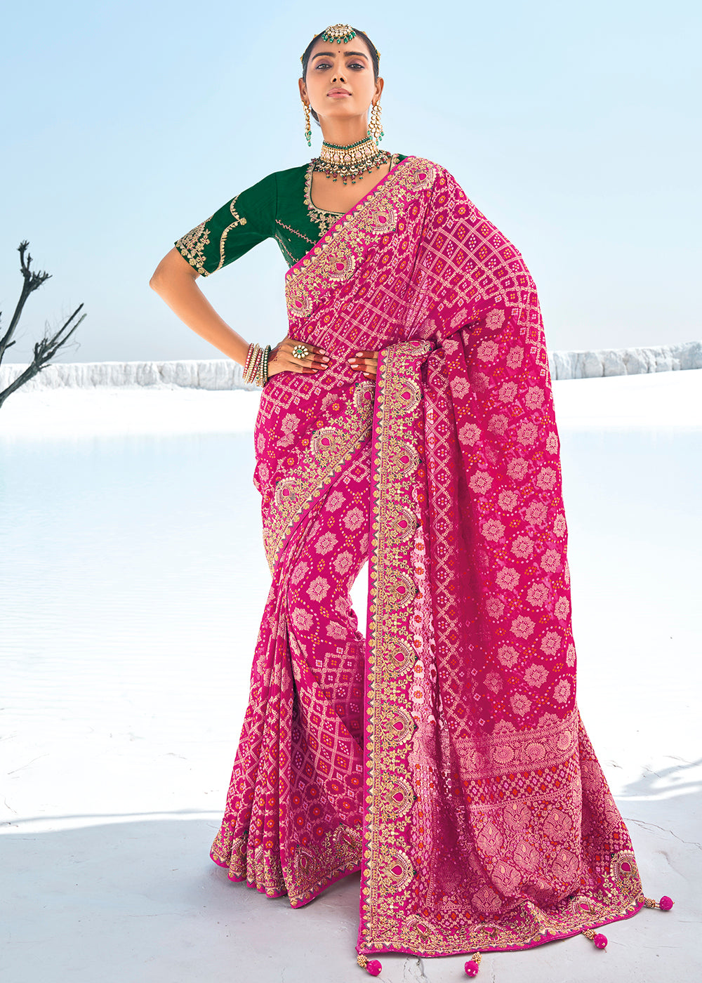 Buy Now Attractive Rani Georgette Wedding Bandhani Patola Saree Online in Canada, UK, France, Germany, UAE, USA & Worldwide at Empress Clothing. 