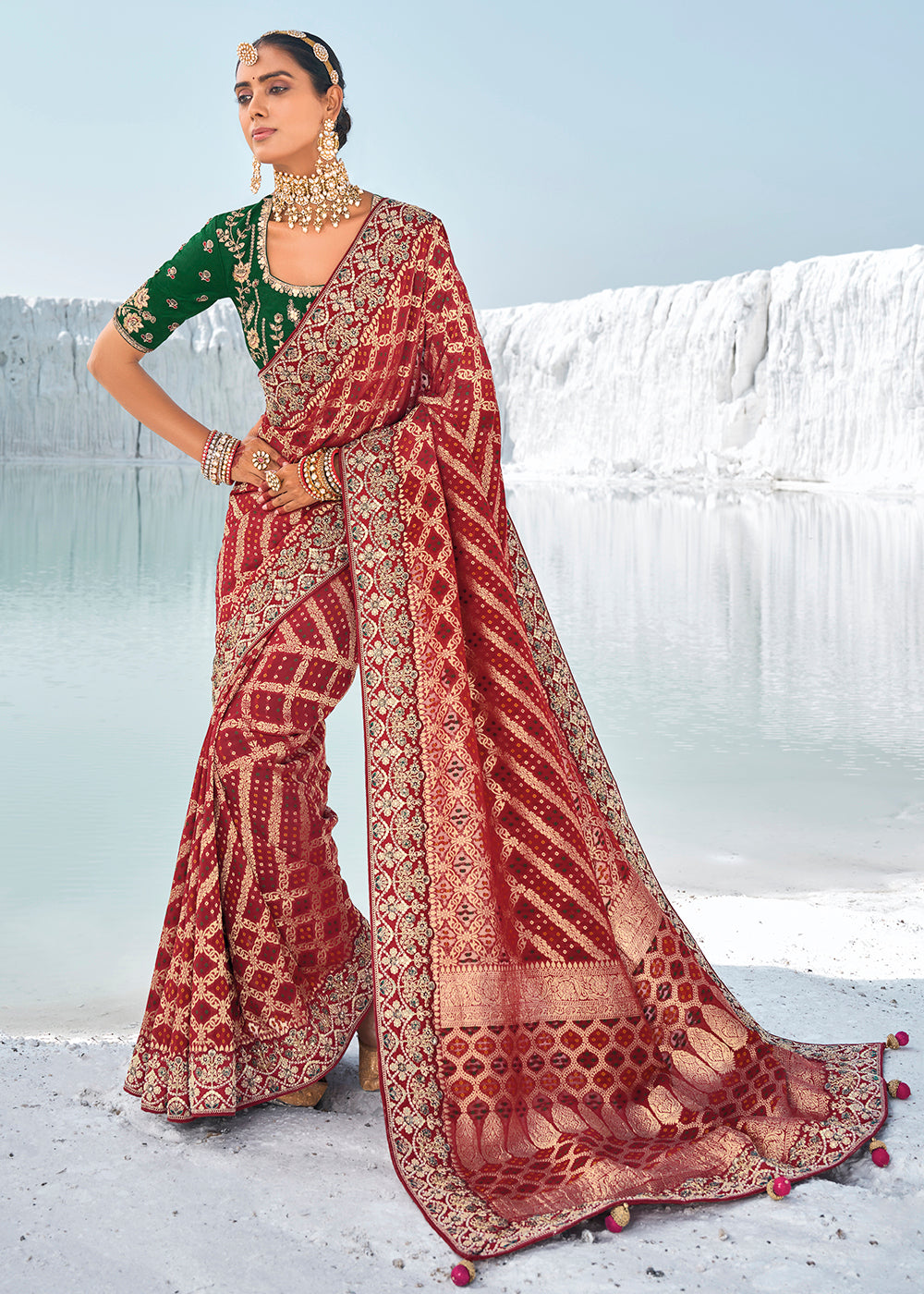 Buy Now Pretty Maroon Georgette Wedding Bandhani Patola Saree Online in Canada, UK, France, Germany, UAE, USA & Worldwide at Empress Clothing.