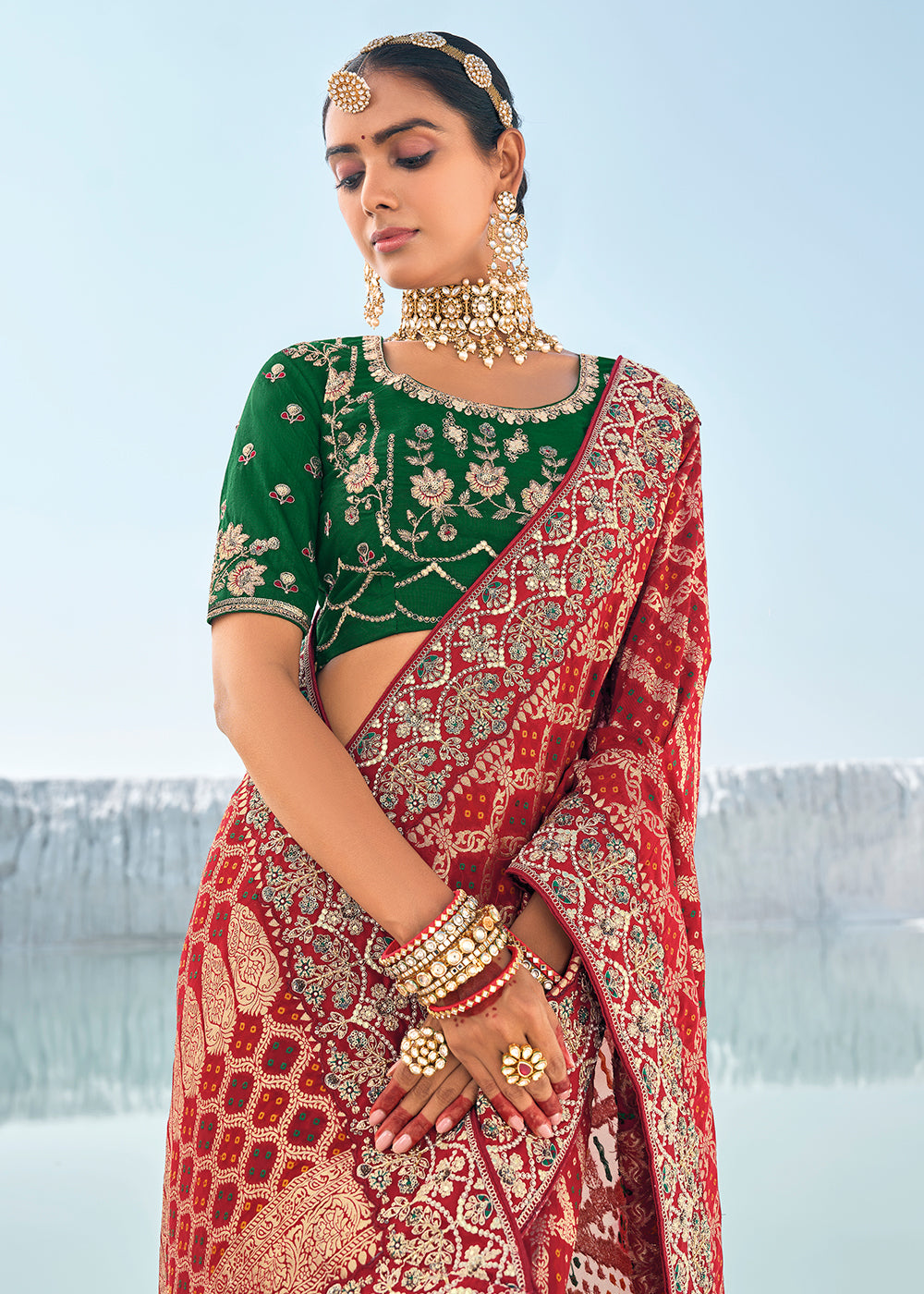 Buy Now Pretty Maroon Georgette Wedding Bandhani Patola Saree Online in Canada, UK, France, Germany, UAE, USA & Worldwide at Empress Clothing.