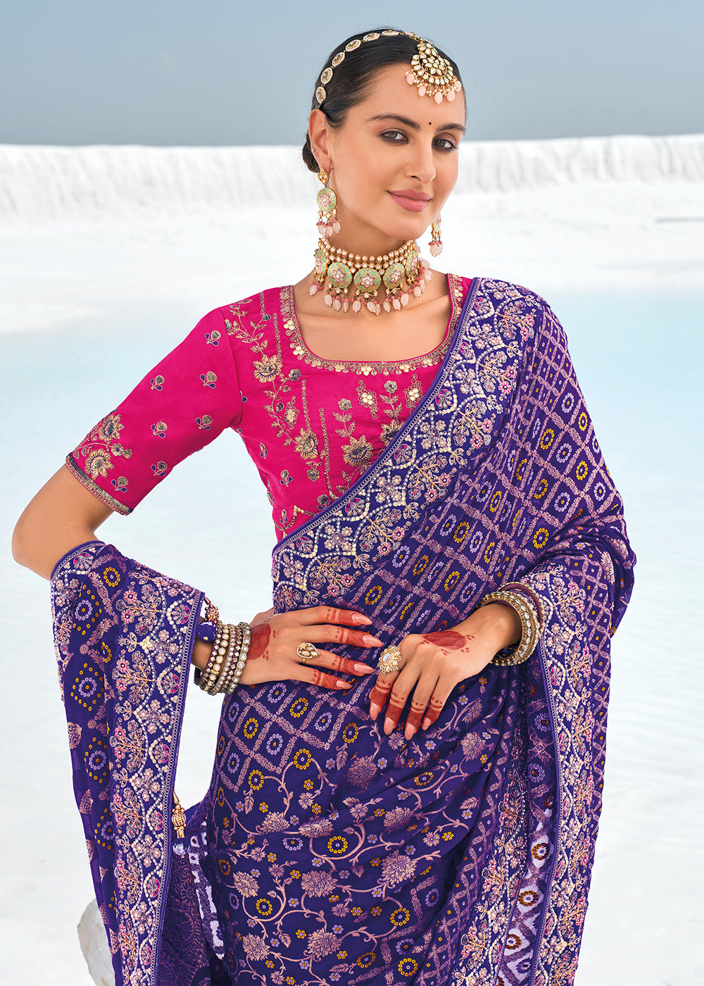 Buy Now Pretty Purple Georgette Wedding Bandhani Patola Saree Online in Canada, UK, France, Germany, UAE, USA & Worldwide at Empress Clothing.